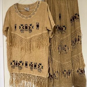Vintage MSAS Boho style Embroidered Fringe Top and Skirt Set. Tan
